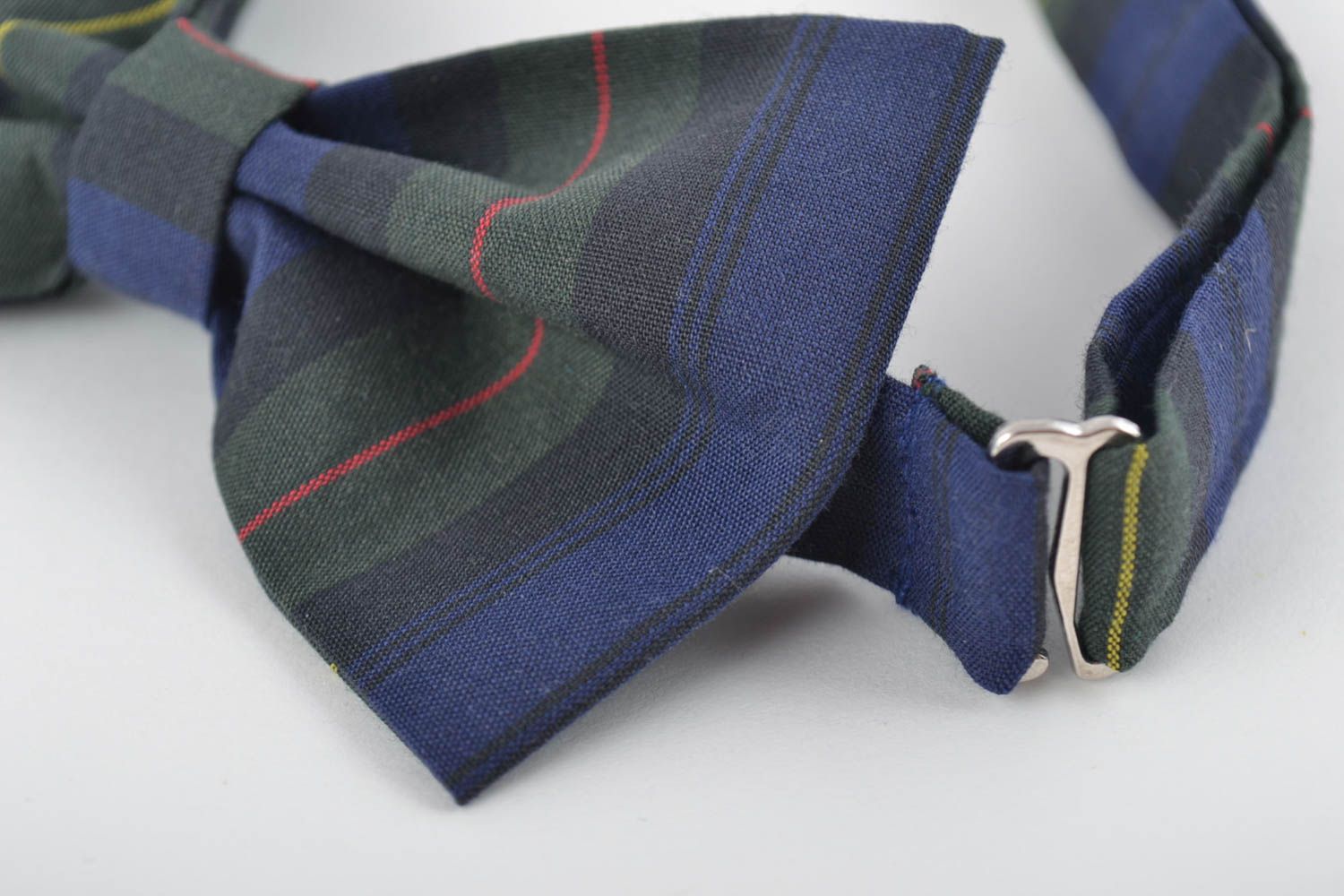 Unusual beautiful handmade designer striped fabric bow tie of dark color photo 2