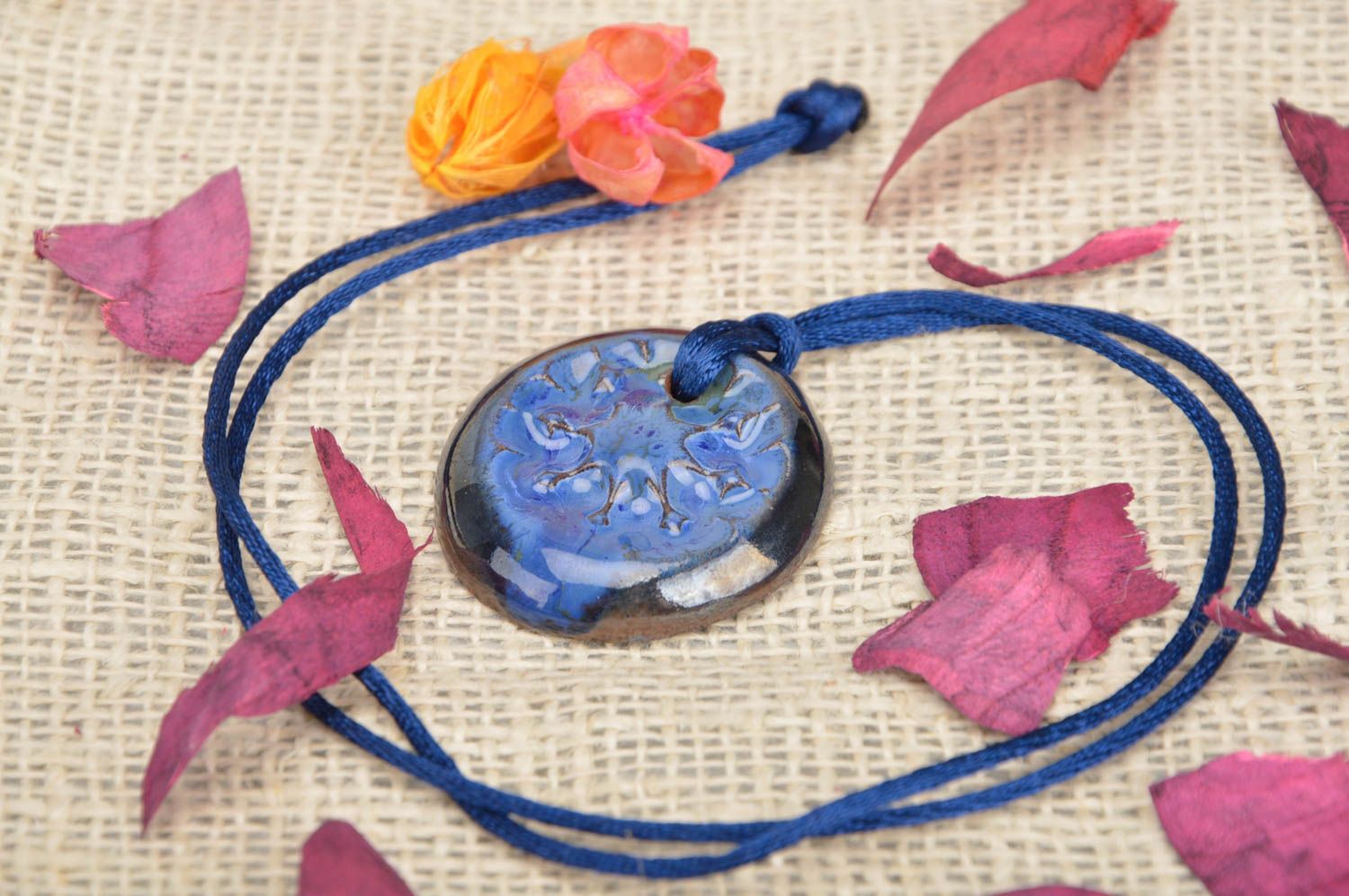 Blue clay handmade unusual designer stylish beautiful round pendant on lace photo 1