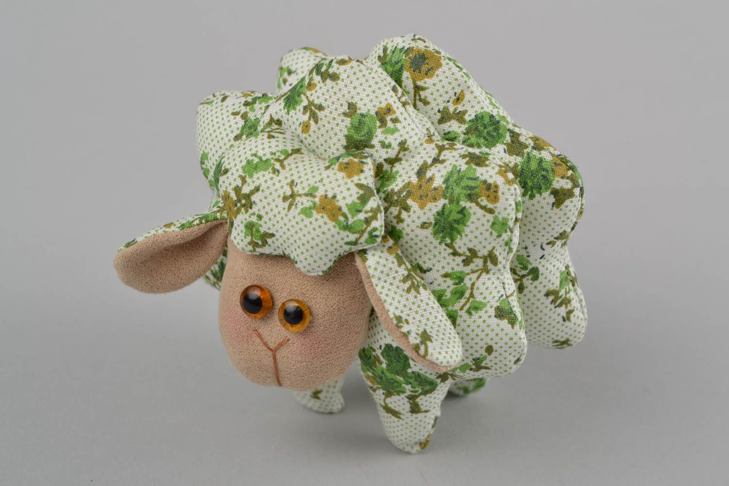 Handmade small funny soft toy sewn of faux suede in the shape of green lamb photo 3