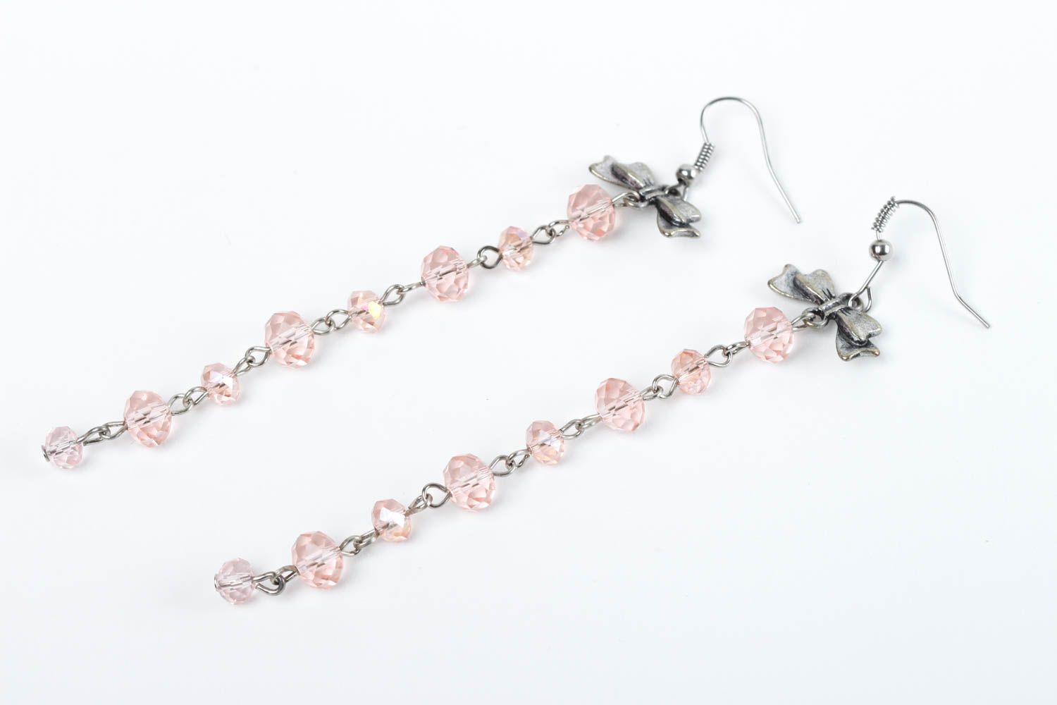 Boucles d'oreilles longues Bijou fait main perles en cristal roses Cadeau femme photo 2