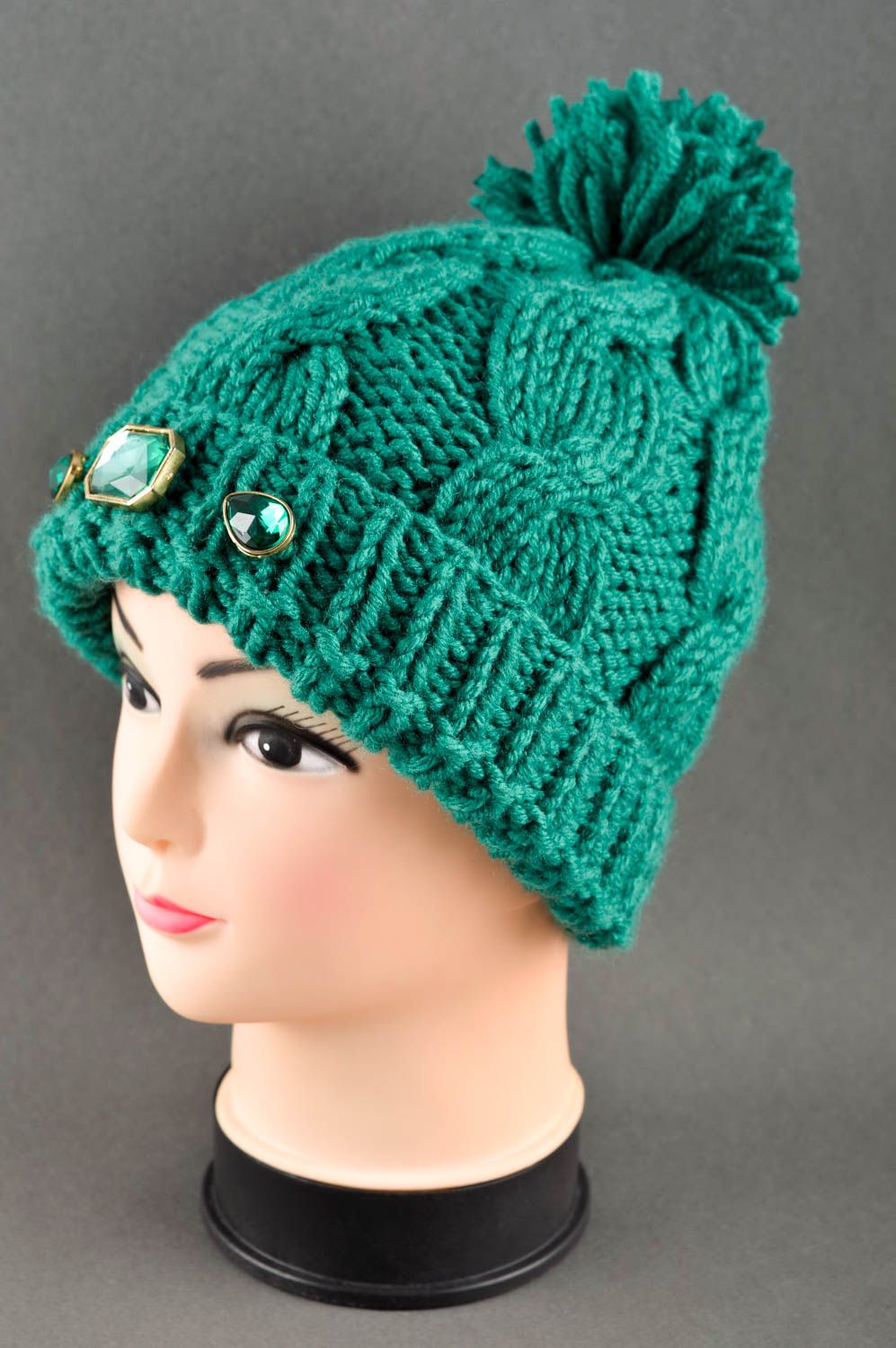 Handmade Damen Mütze mit Bommel Damenmütze Winter Geschenk Idee smaragdgrün   foto 1