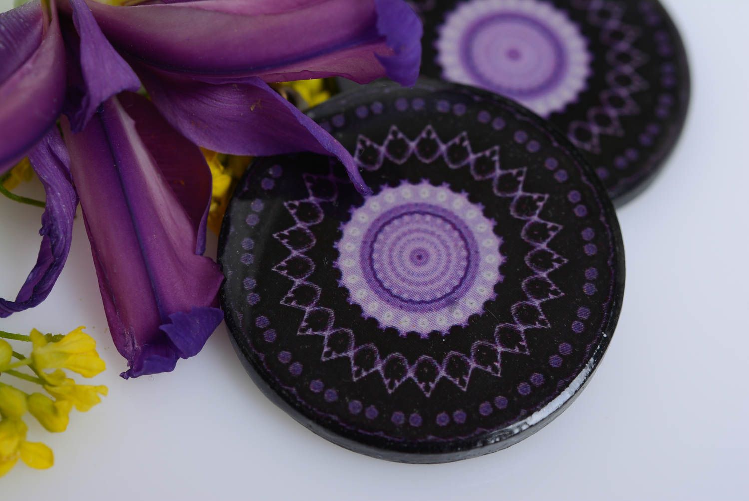 Earrings made of polymer clay with decoupage handmade black with purple jewelry photo 2