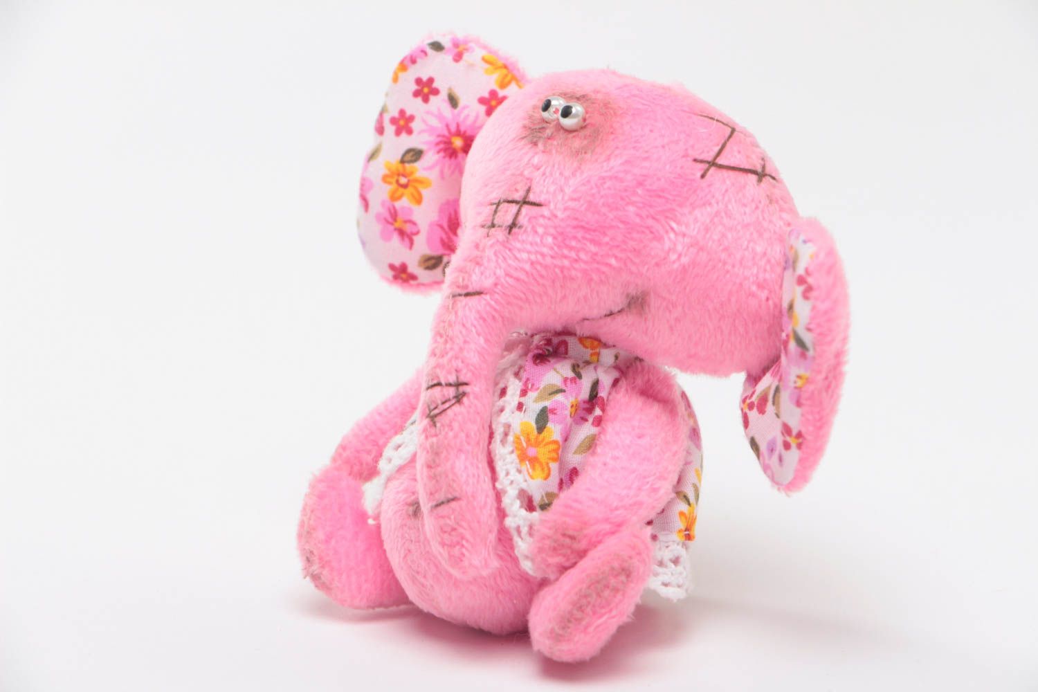 Handmade small vintage soft toy sewn of plush pink elephant with floral ears photo 2
