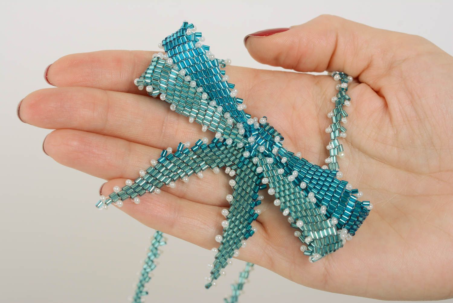 Collier noeud en perles de rocailles bleu turquoise fait main design original photo 4