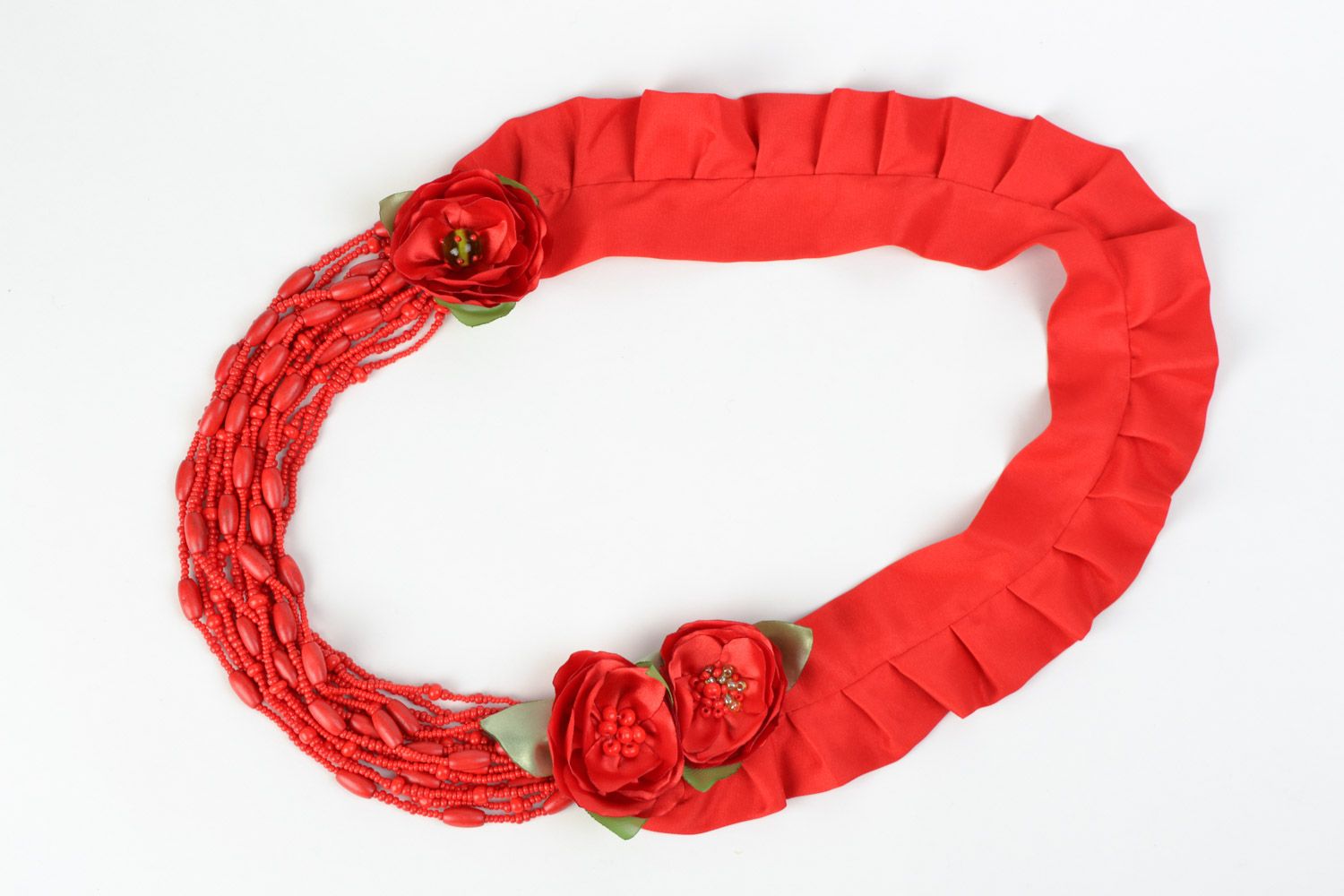 Gros collier en satin couleur rouge de design fait main fleurs Coquelicots photo 5