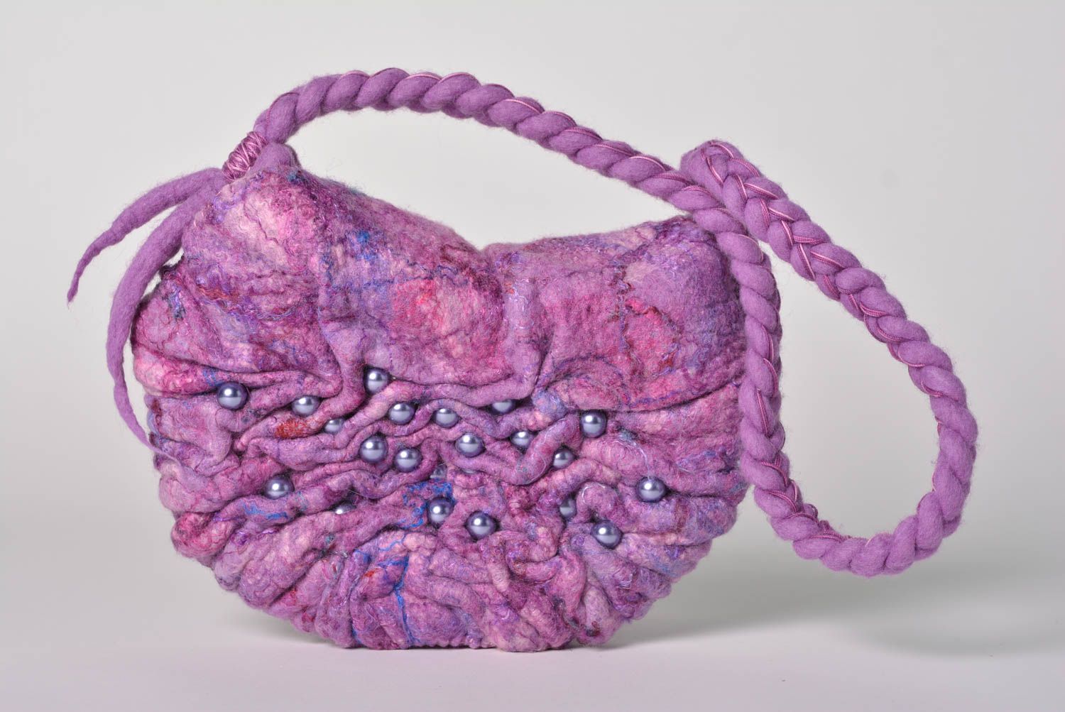 Handmade bright violet women's bag felted of wool with beads and short handle photo 1
