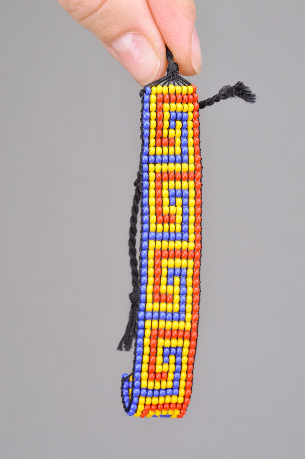 Three-colored wide handmade beaded wrist bracelet with ties photo 3