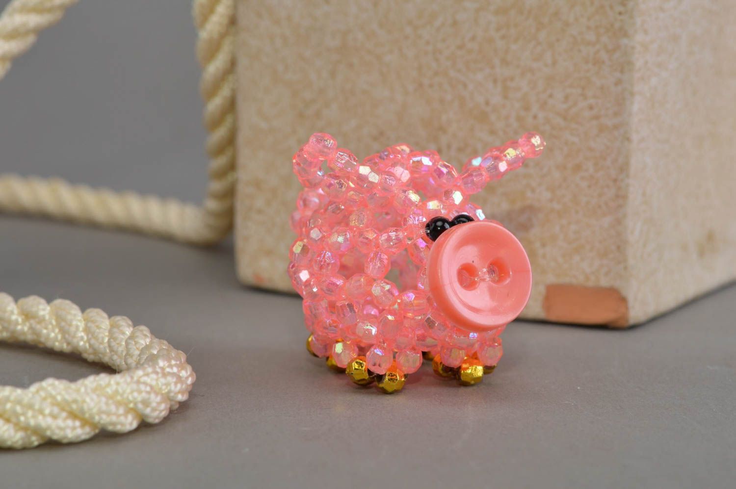 Unusual pink handmade designer beaded figurine of pig decorated with button photo 1