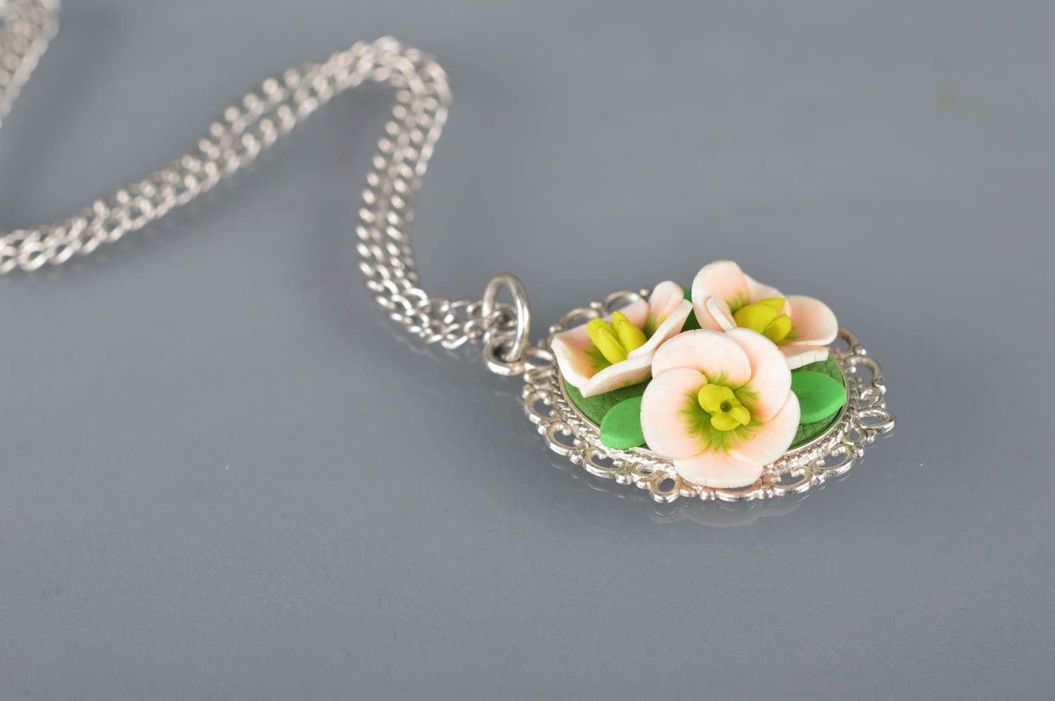 Polymer clay pendant handmade accessory with flowers  vintage jewelry photo 3