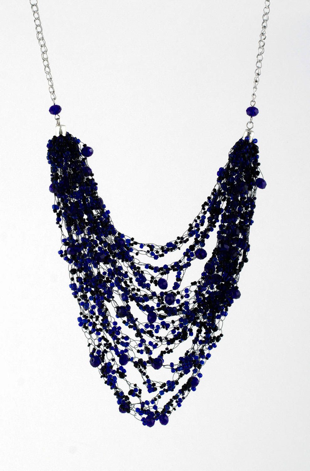 Колье из бисера украшение ручной работы ожерелье из бисера синее с хрусталем фото 2