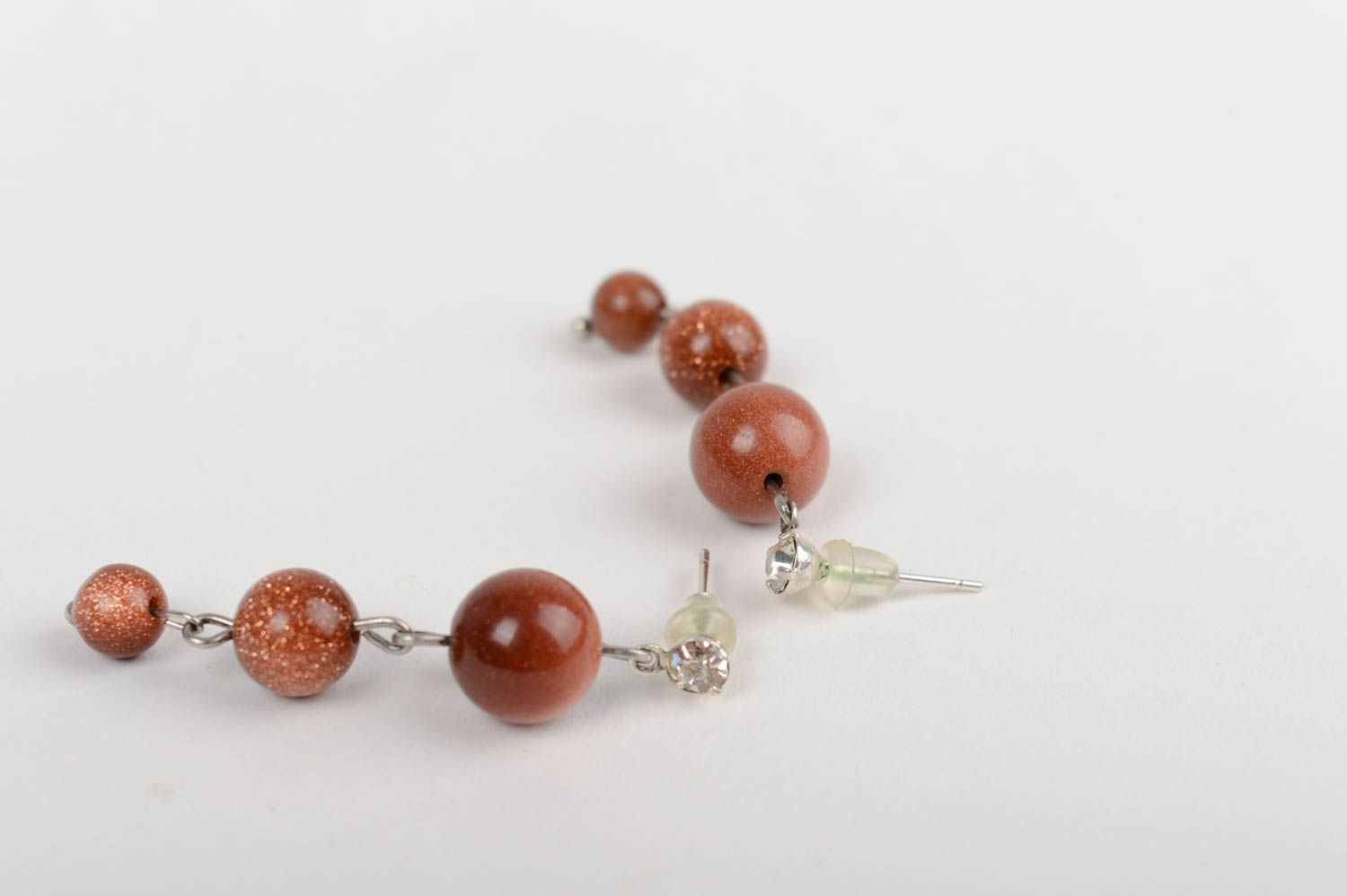 Handmade long dangle earrings with brown aventurine stone beads for ladies photo 4