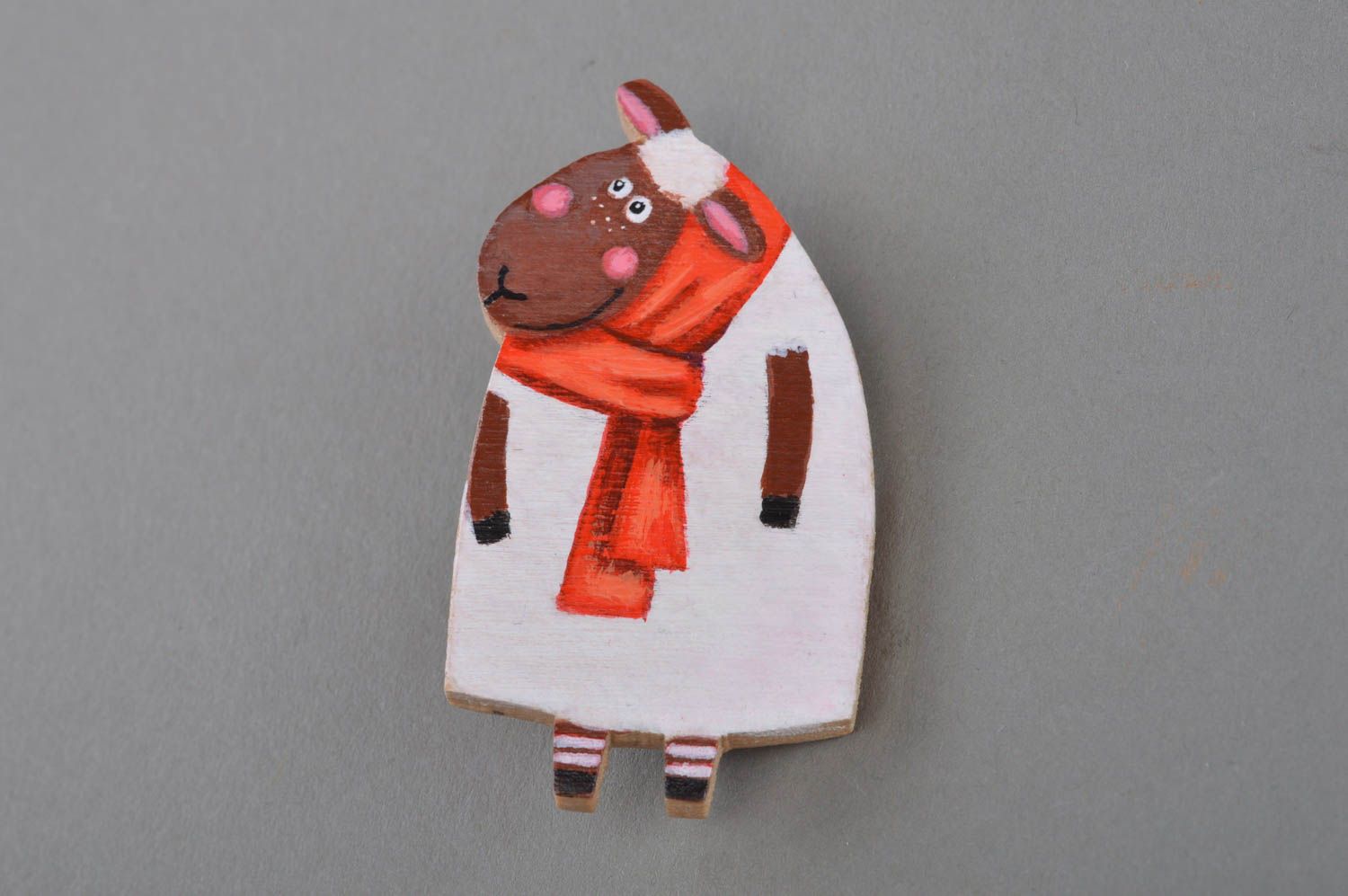 Bright handmade painted wooden brooch in the shape of funny sheep photo 1