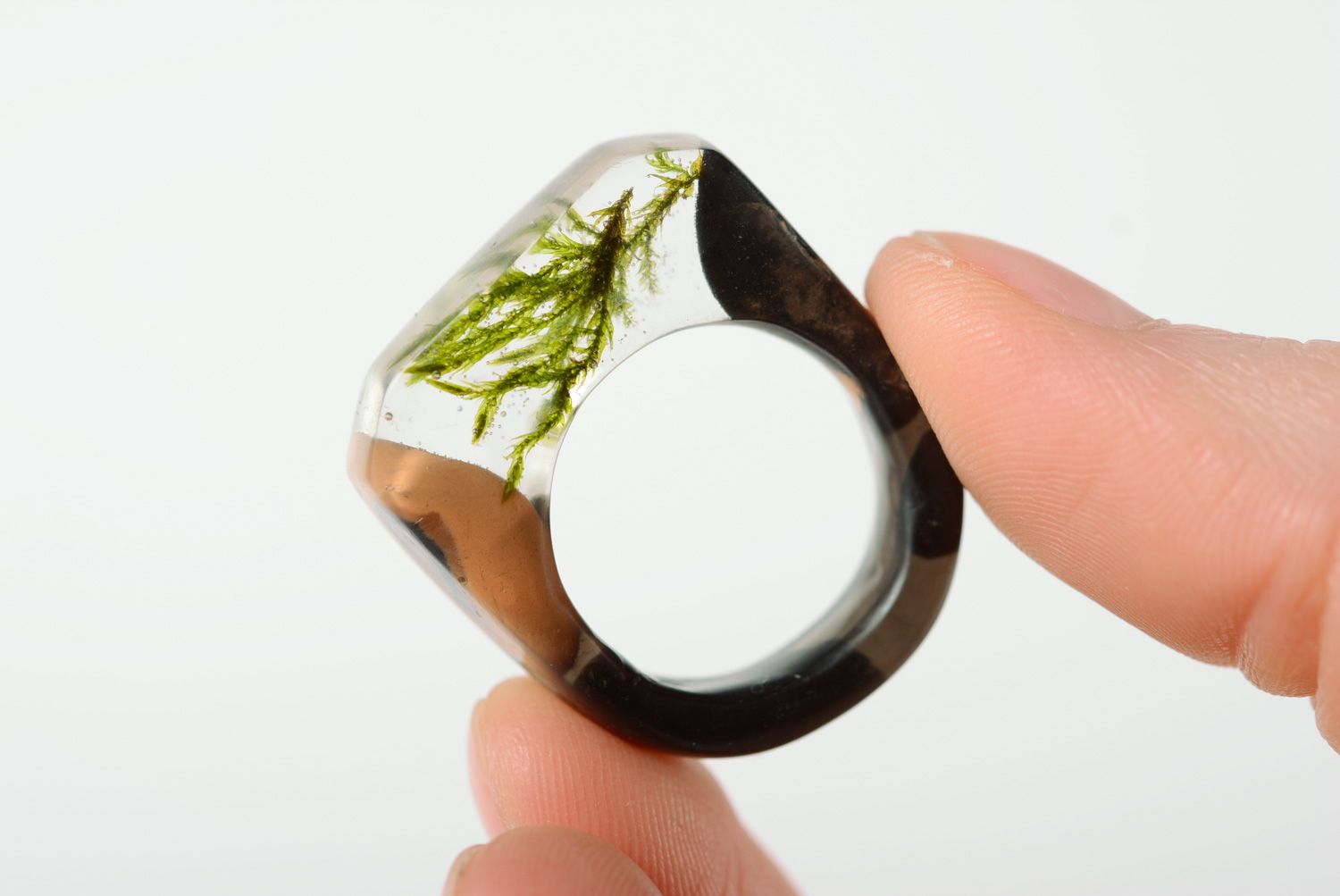 Unusual handmade botanical epoxy seal ring with natural moss photo 2