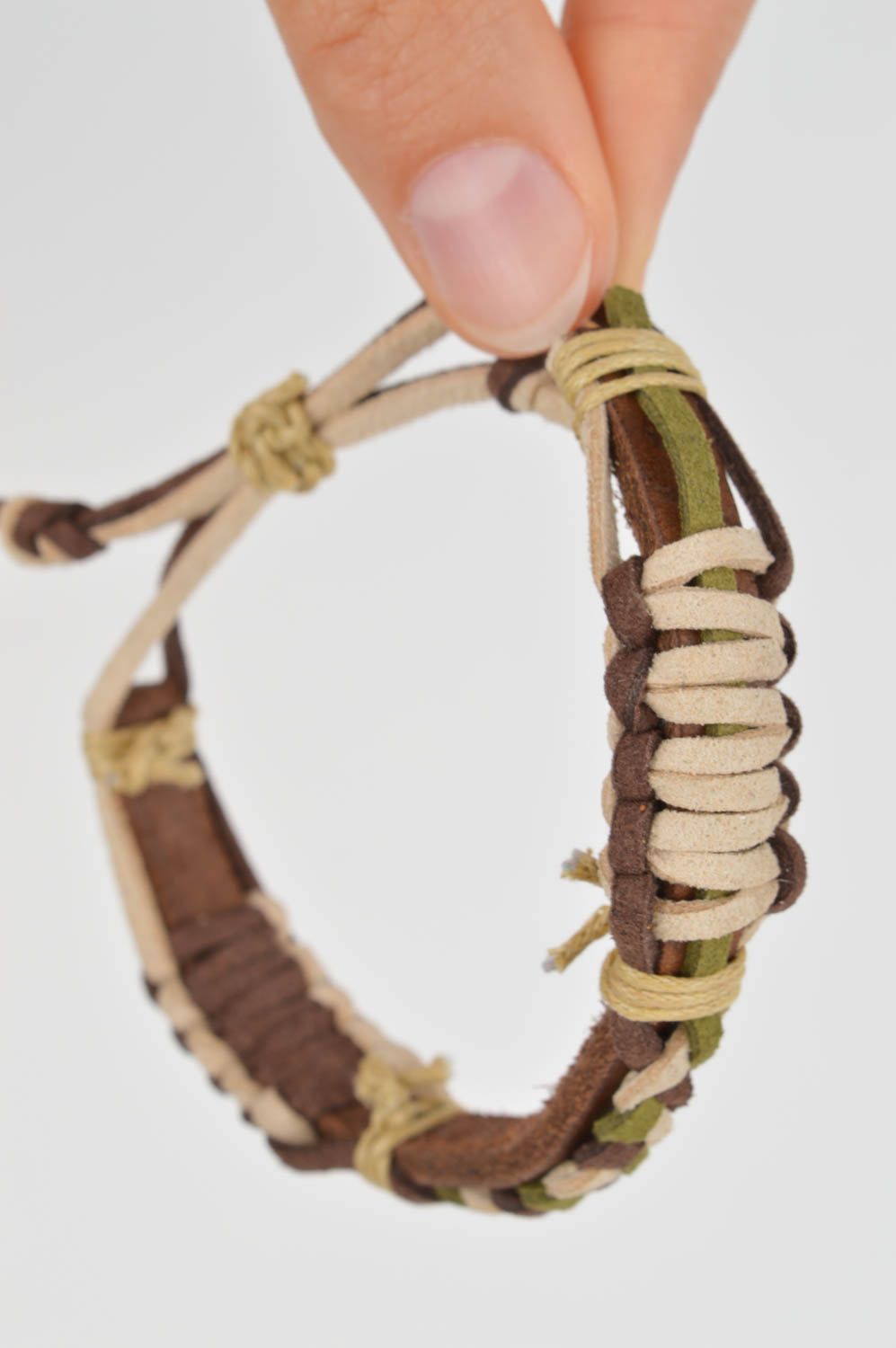 Bracelet en cuir femme fait main tressé marron-beige-vert Cadeau pour femme photo 5