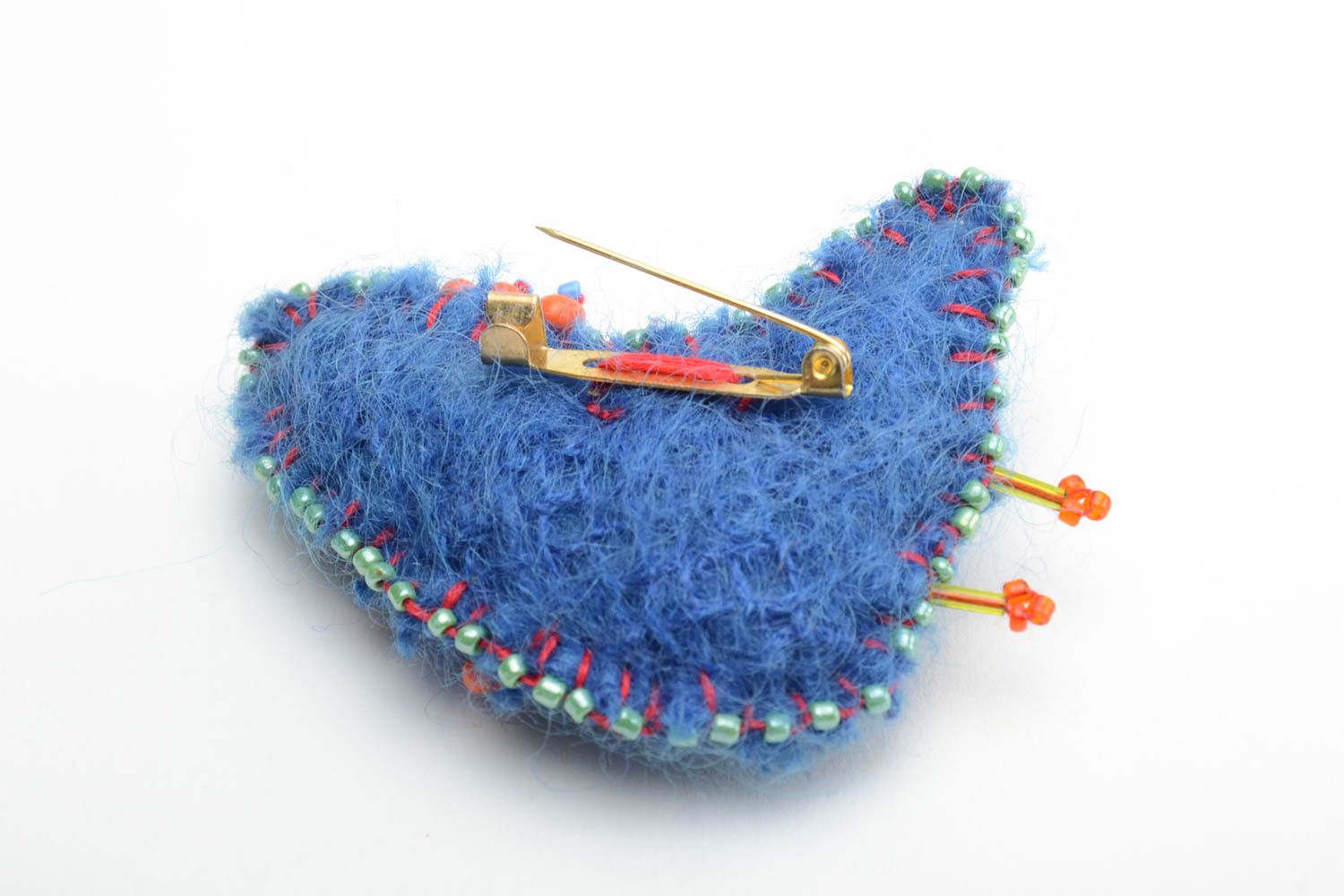 Broche de lana artesanal divertido cosido con abalorios y lentejuelas azul foto 3