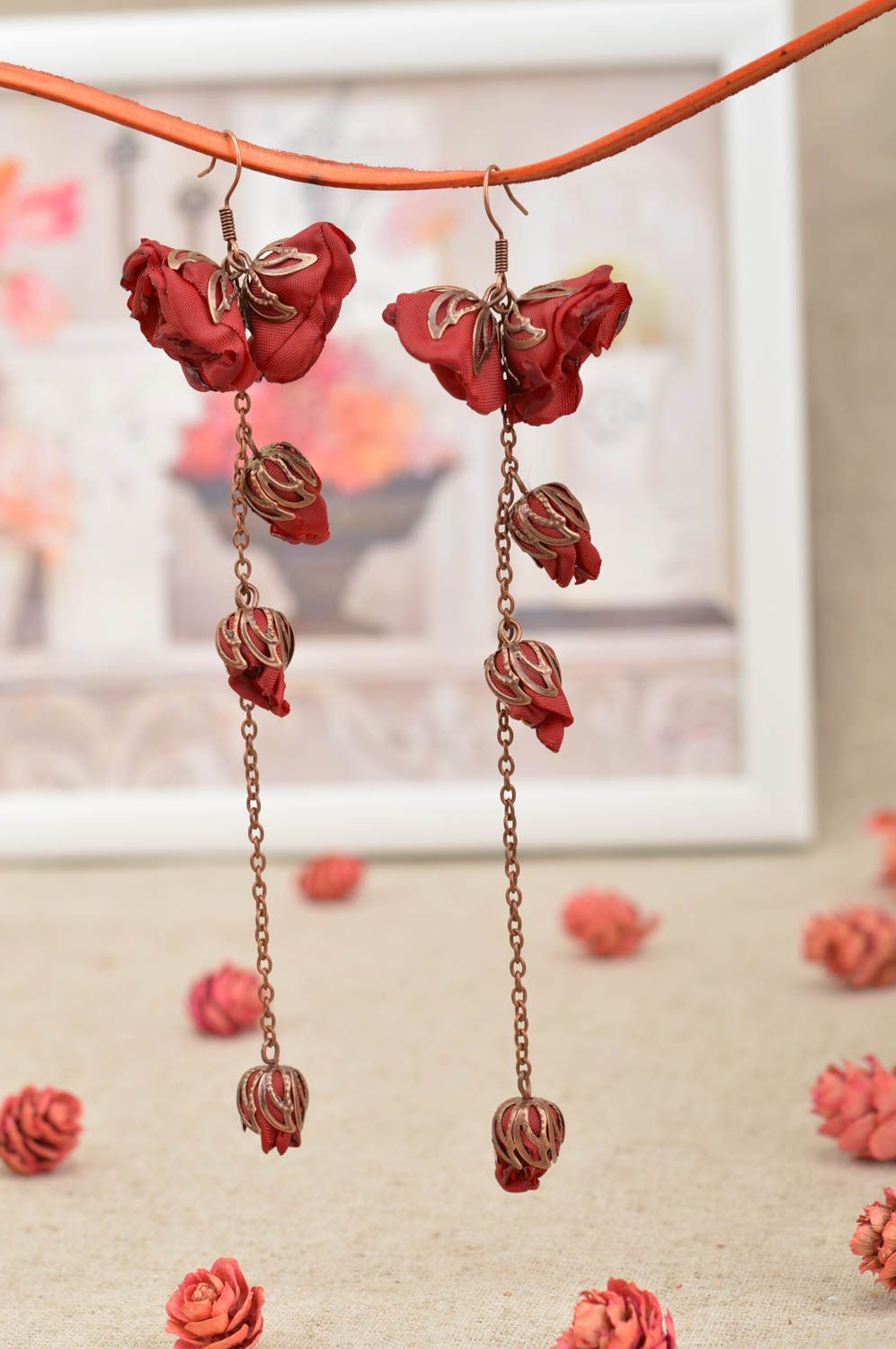 Long red stylish earrings beautiful accessories handmade designer jewelry photo 1