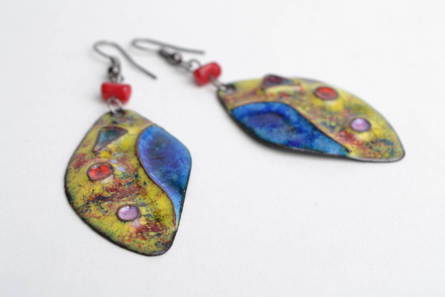 Handmade designer colorful copper dangling earrings coated with enamels Petals photo 4