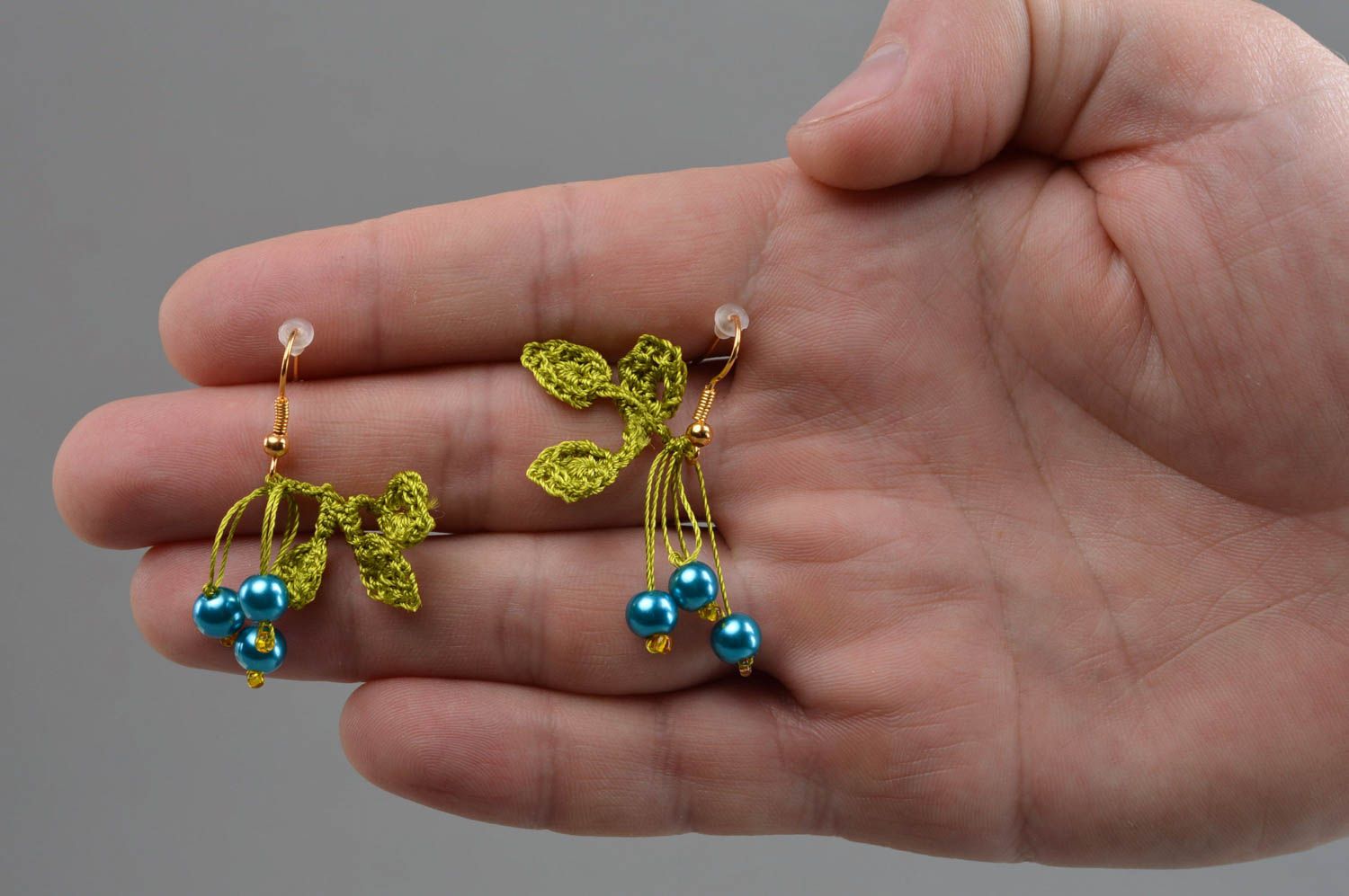 Green thread earrings with beads beautiful gentle handmade summer accessory photo 4