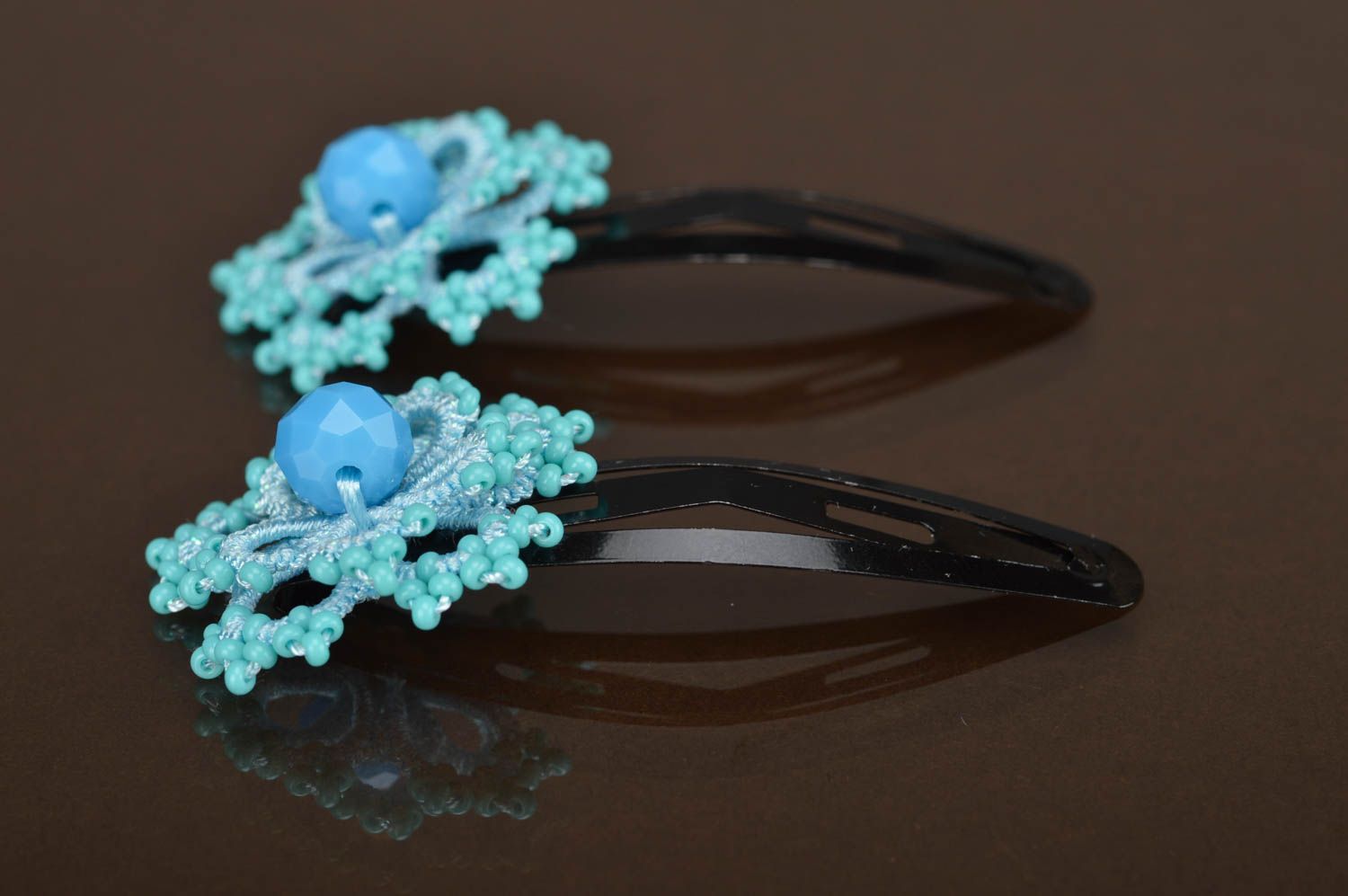 Handmade Textil Glasperlen Haarspangen in Blau 2 Stück Occhi Technik schön foto 2