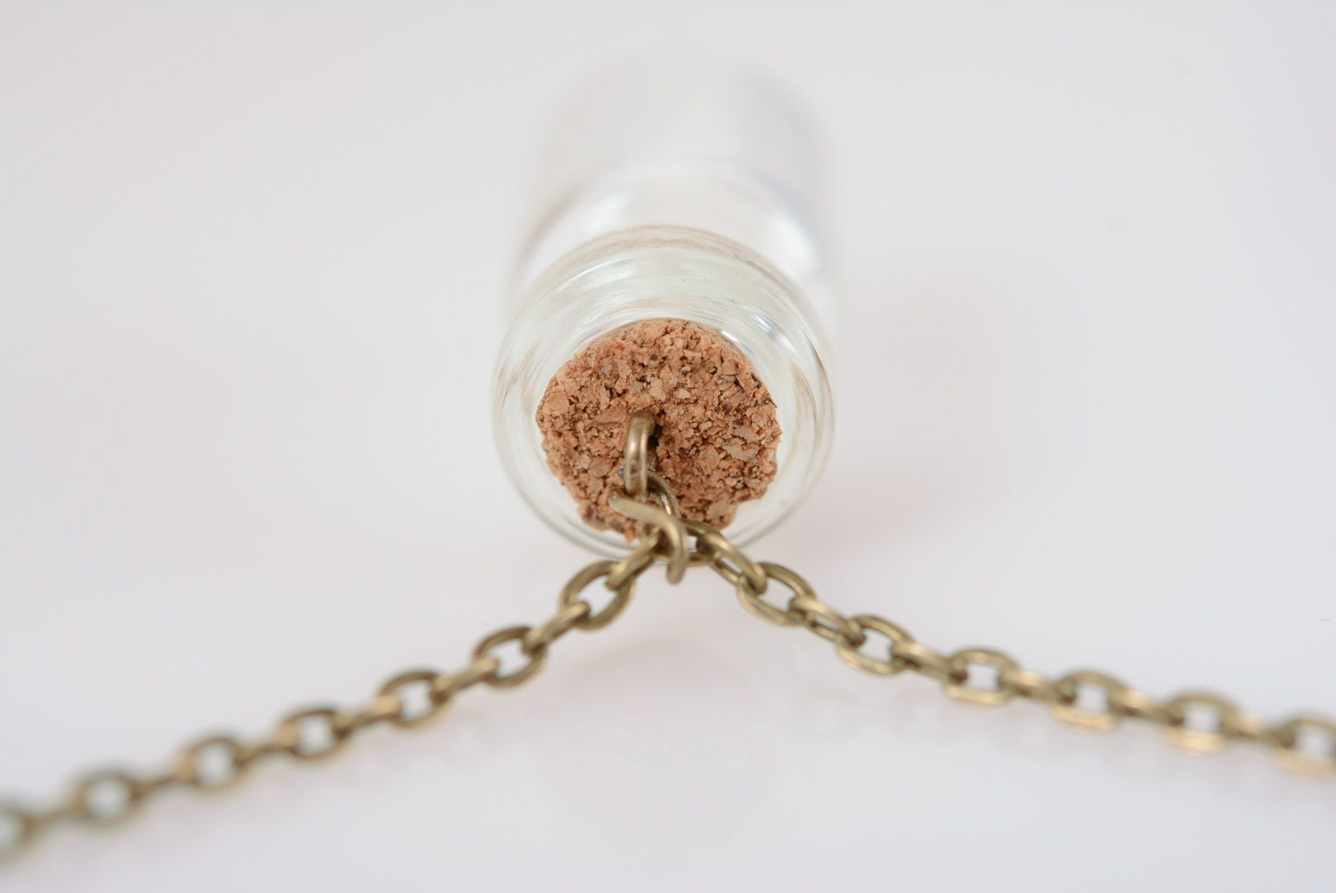 Handmade small glass vial with cork pendant necklace with feather on metal chain photo 4