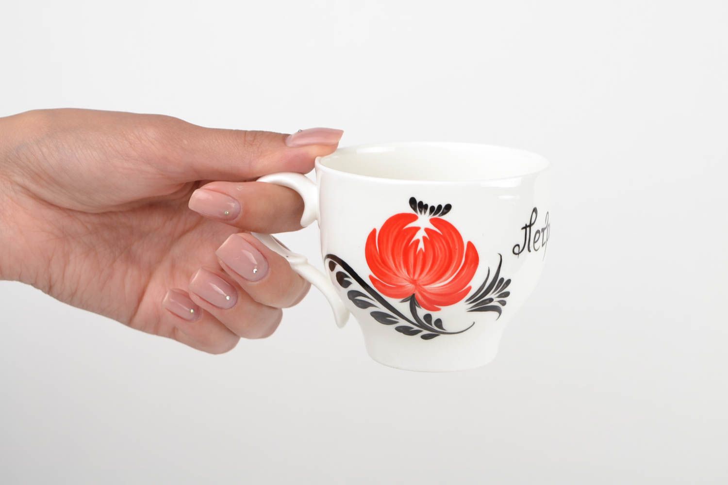 Porcelain white5 oz tea cup with handle and black, red floral pattern in Chinese style photo 2