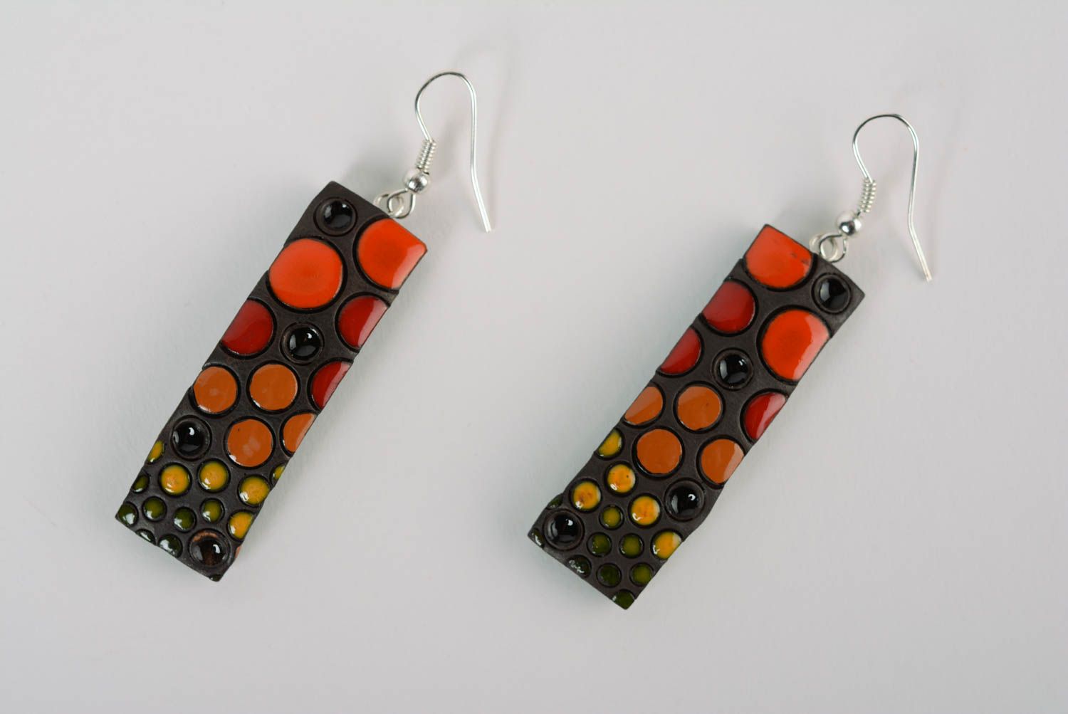 Handmade long bright clay earrings painted with colorful enamel stylish jewelry photo 1