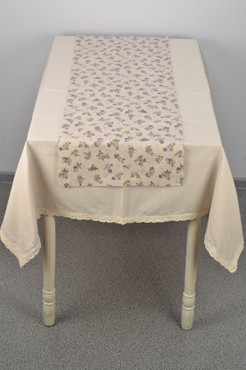 Chemin de table en tissu de coton beige à fleur rectangulaire fait main  photo 1
