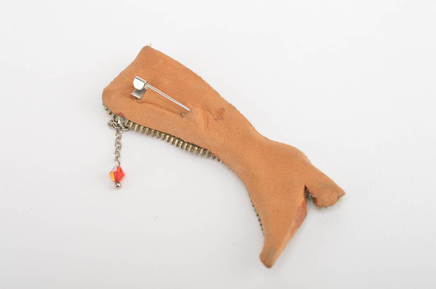 Handmade designer brooch unusual beaded leather accessory elegant jewelry photo 4