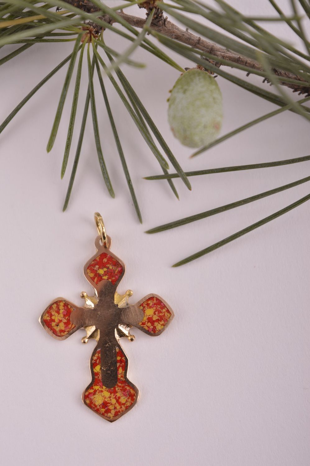 Pendentif Croix Bijou fait main laiton métal pierres Accessoire religieux photo 1