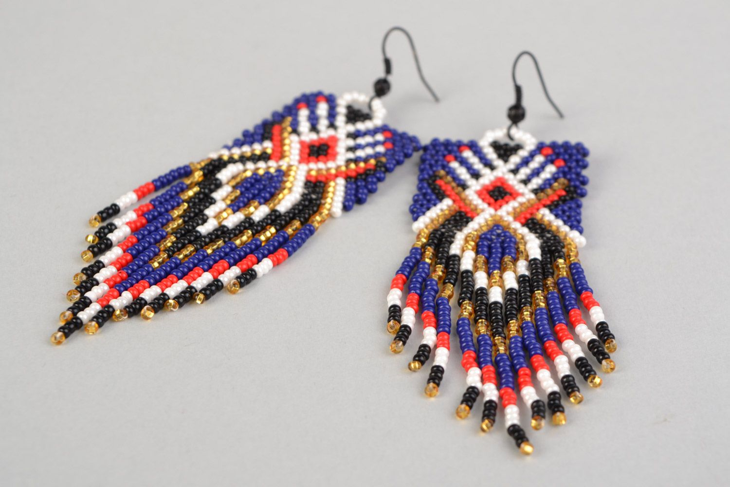 Large beaded earrings with fringe in red and blue colors with ornament photo 5