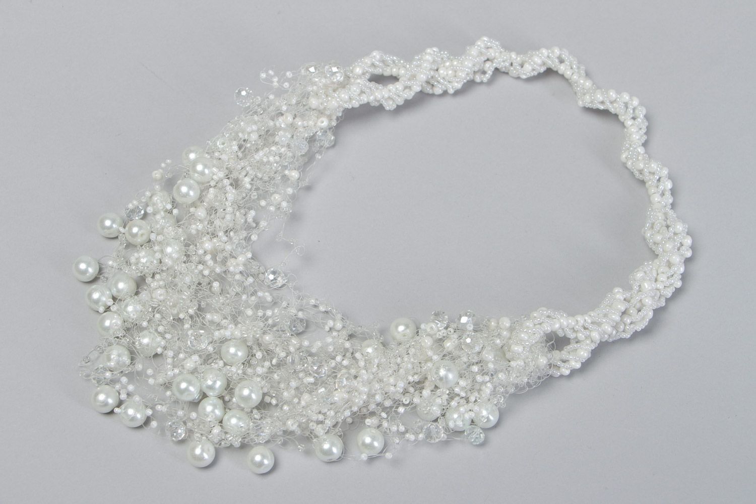 Handmade festive snow white airy necklace woven of beads of different sizes photo 2