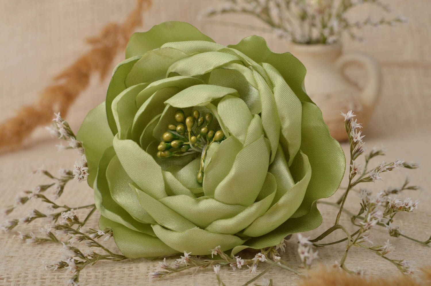 Broche Barrette fleur verte faite main grande en satin Cadeau pour femme photo 1