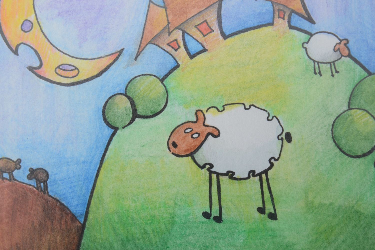 Handmade color graphic painting Night Sheep photo 3