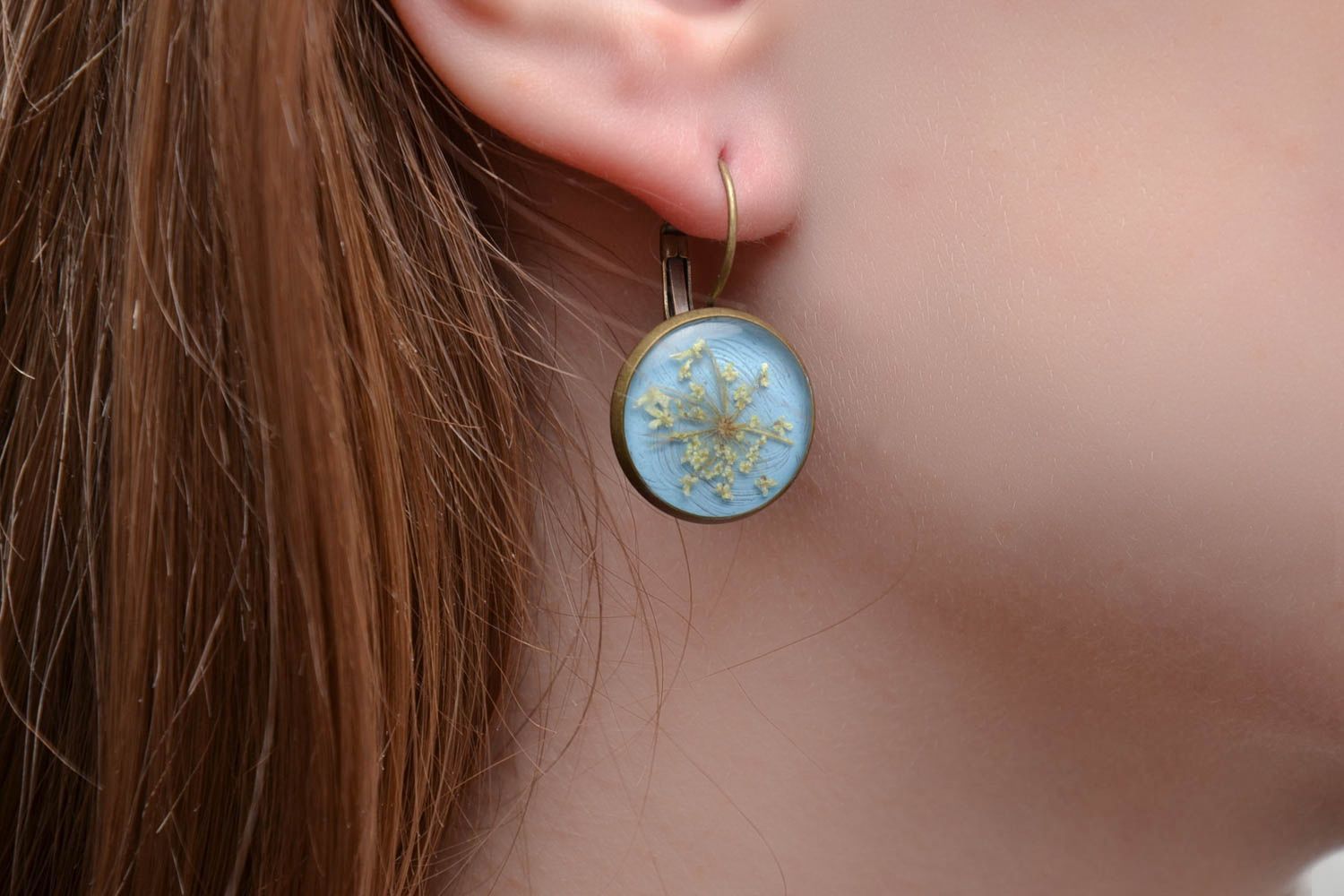Blue earrings with natural flowers and epoxy resin photo 2