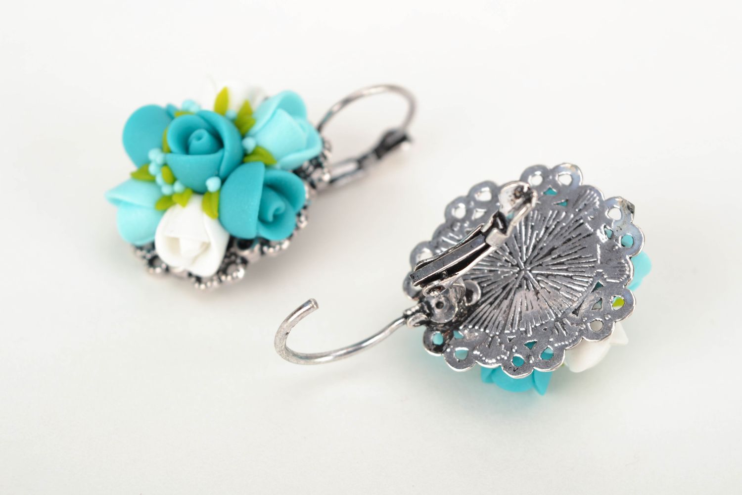 Unusual polymer clay flower earrings Turquoise photo 4