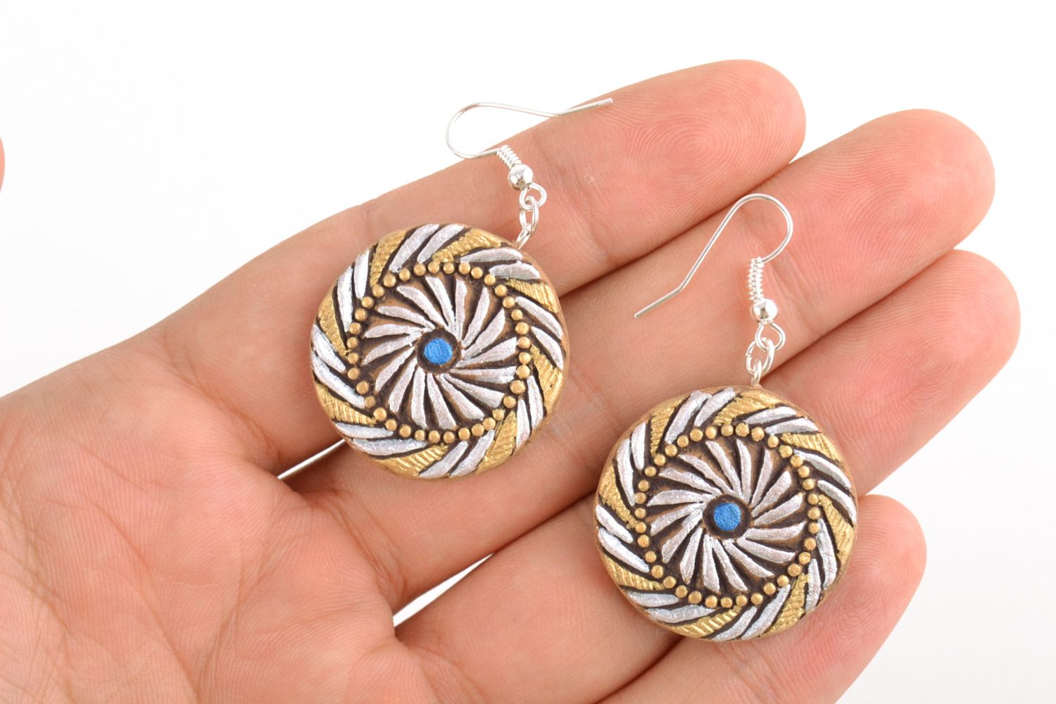 Handmade round ceramic dangling earrings painted in silver and golden colors photo 2