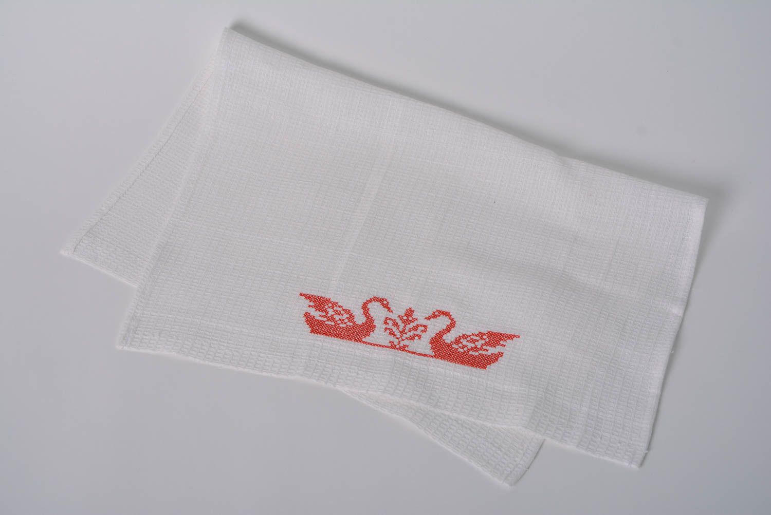 Handmade decorative white cotton napkin with embroidered swans for table setting photo 5