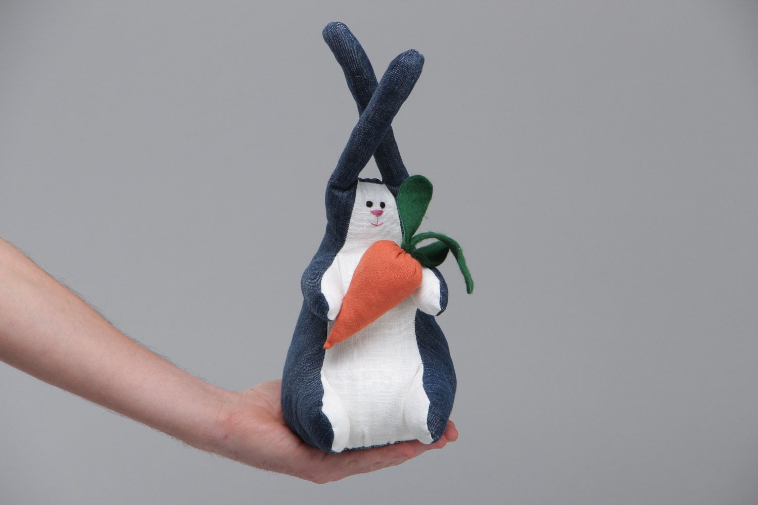 Handmade denim and felt fabric soft toy hare with carrot for children photo 5