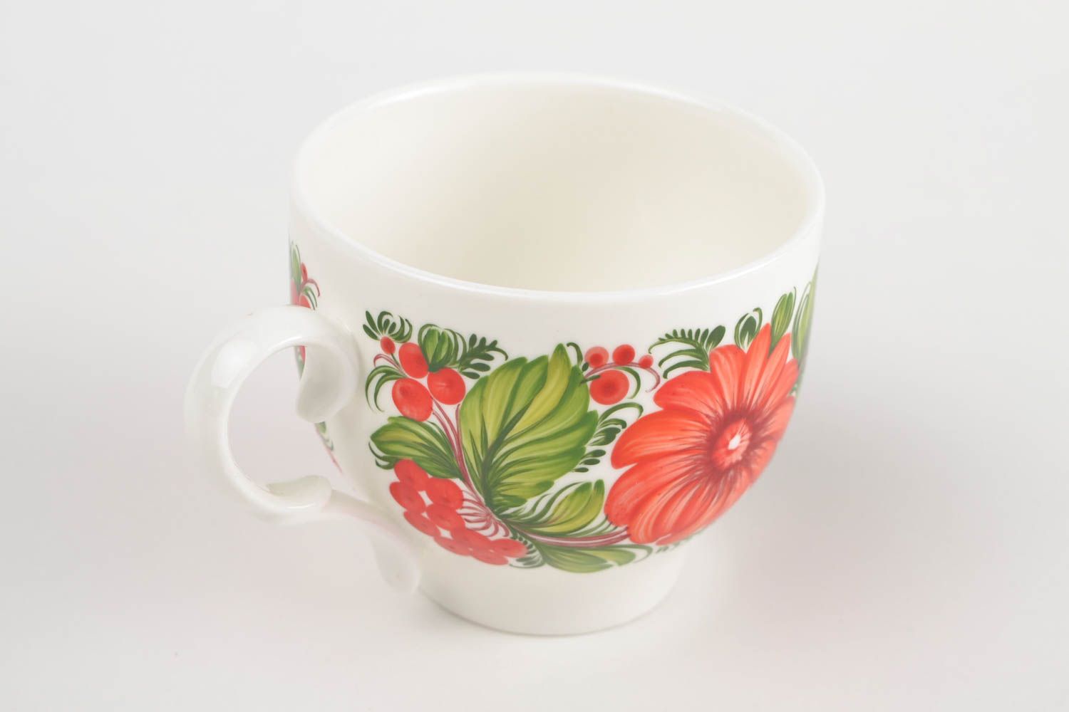 Фарфоровая чашка с Петриковской росписью белая с красным 220 мл ручная работа фото 4