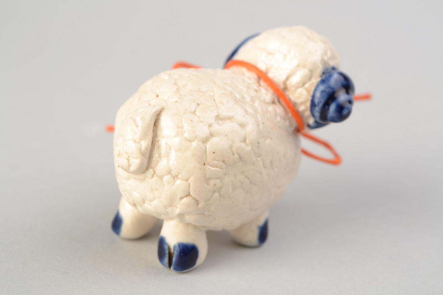 Handmade decorative figurine made of clay small sweet sheep with white glaze painting  photo 4