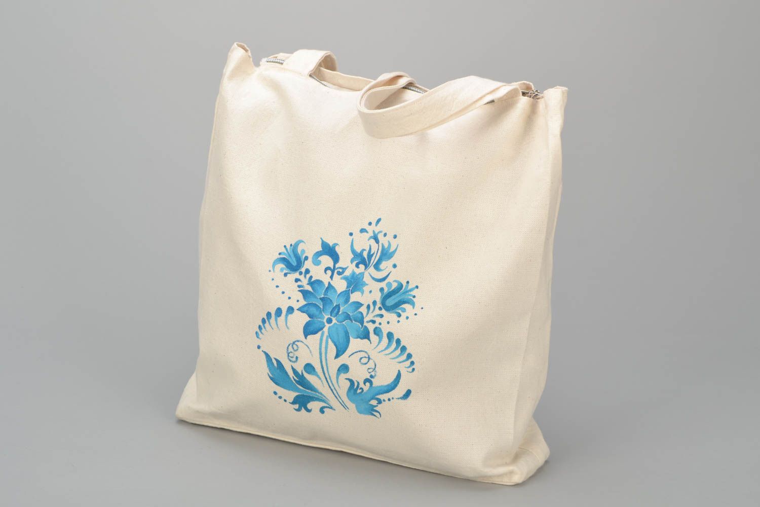 Textil Handtasche in Weiß mit blauen Blumen foto 1