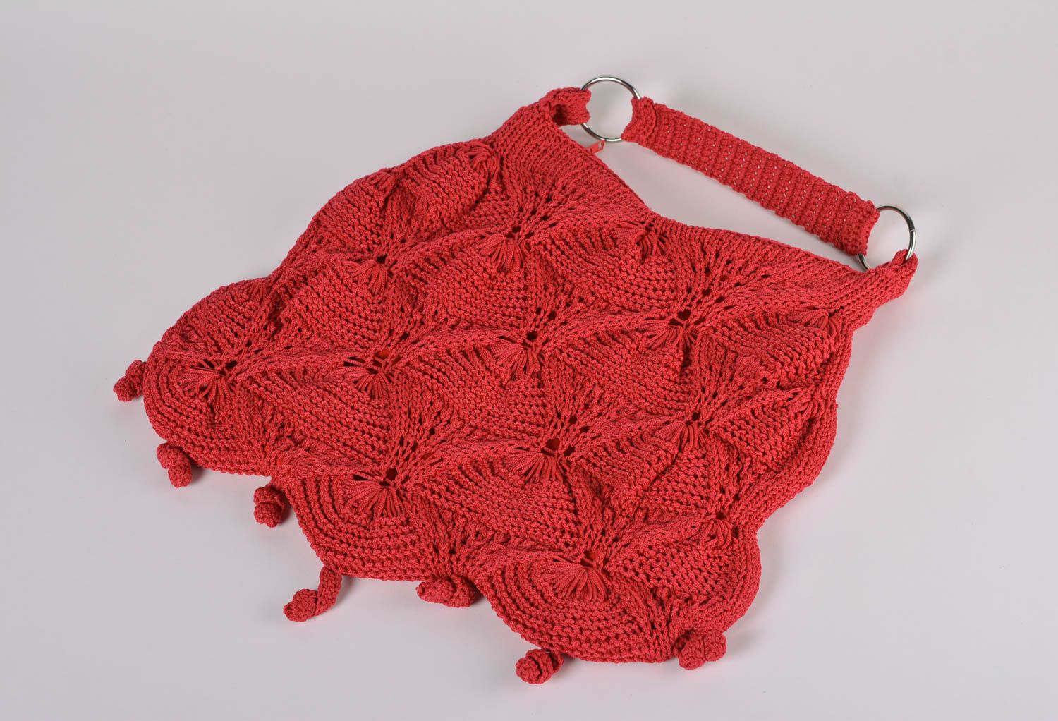 Crocheted female handbag stylish red purse with one handle with lining hand made photo 1