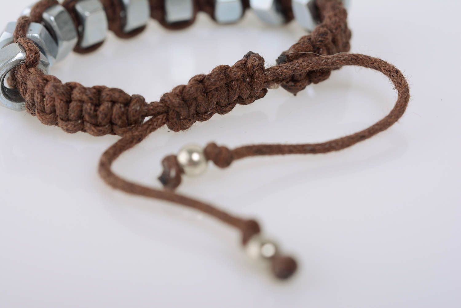 Handmade brown macrame woven cord bracelet with stainless steel nuts photo 5
