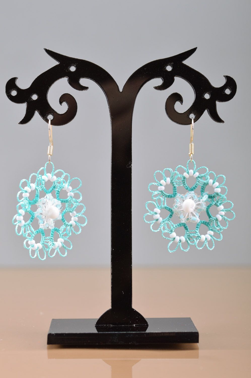 Light blue handmade woven tattings earrings with beads photo 4