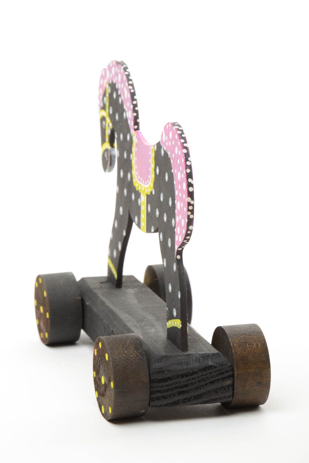 Nachzieher Spielzeug Pferd aus Holz mit Acrylfarben bemalt gepunktet handmade foto 3