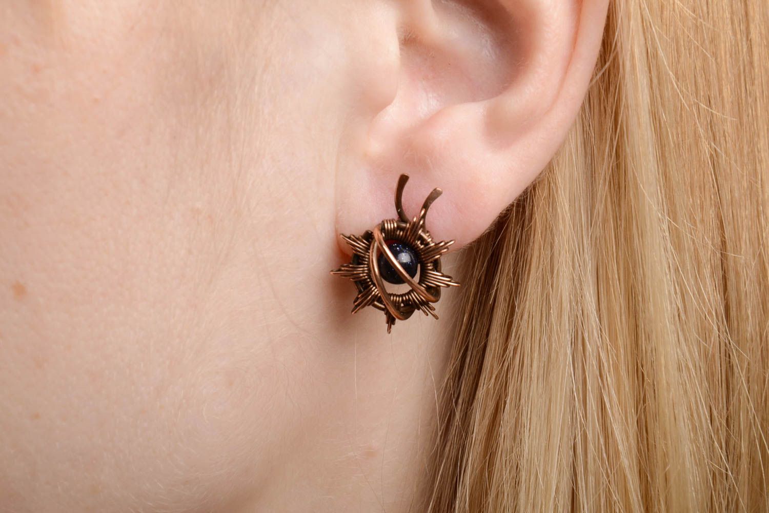 Handmade small wire wrap copper stud earrings with dark aventurine beads photo 2