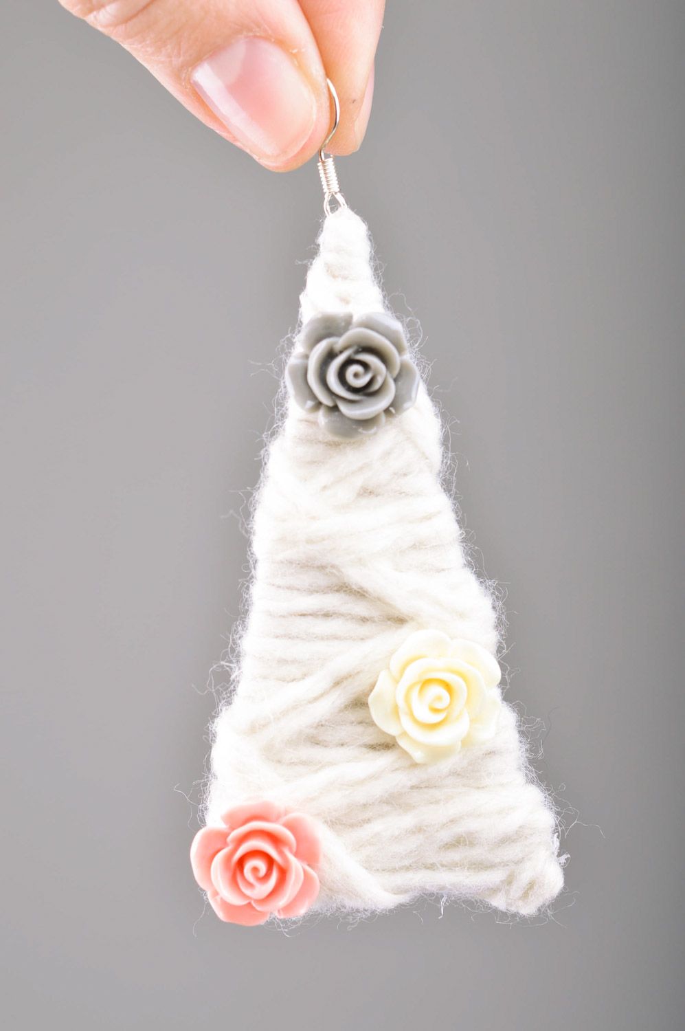 Handmade tender long embroidery threads earrings with polymer clay roses  photo 4