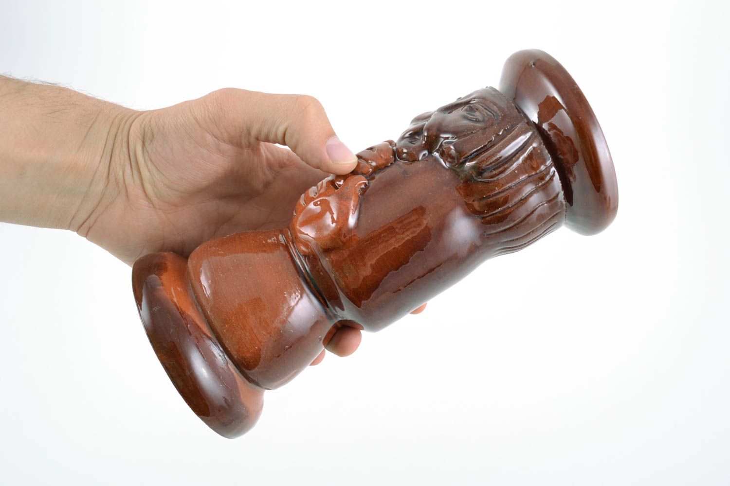Bougeoir en céramique brun couvert de glaçure fait main en forme d'homme photo 5