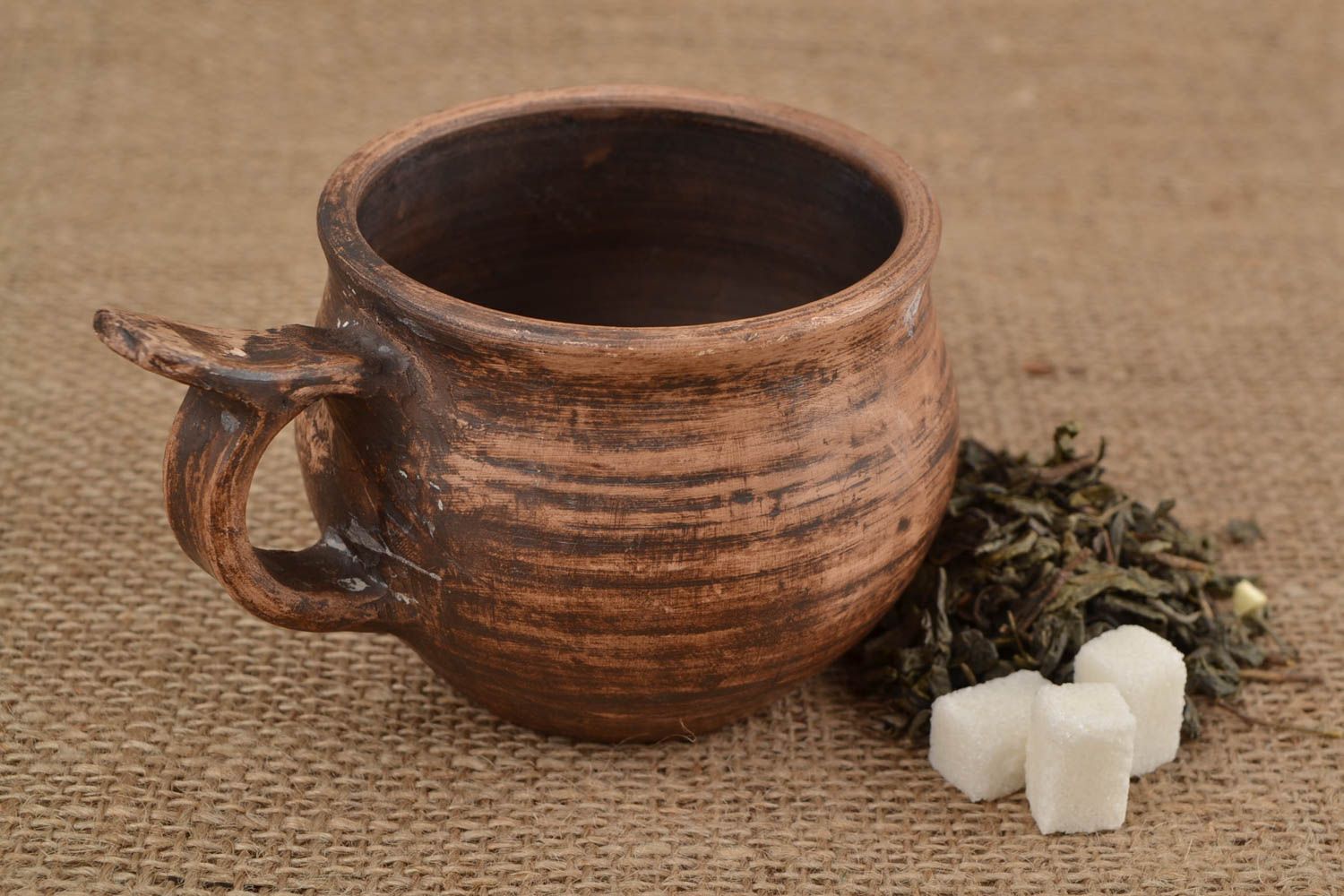 Taza cerámica hecha a mano marrón redonda bonita original para té 350 ml foto 1