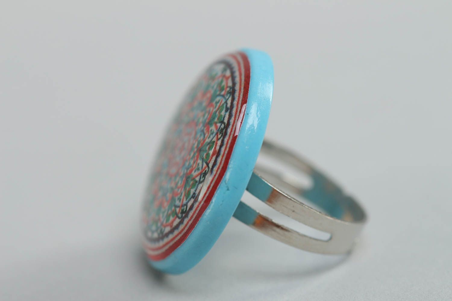 Handmade round polymer clay jewelry ring with ornament coated with glass glaze photo 2
